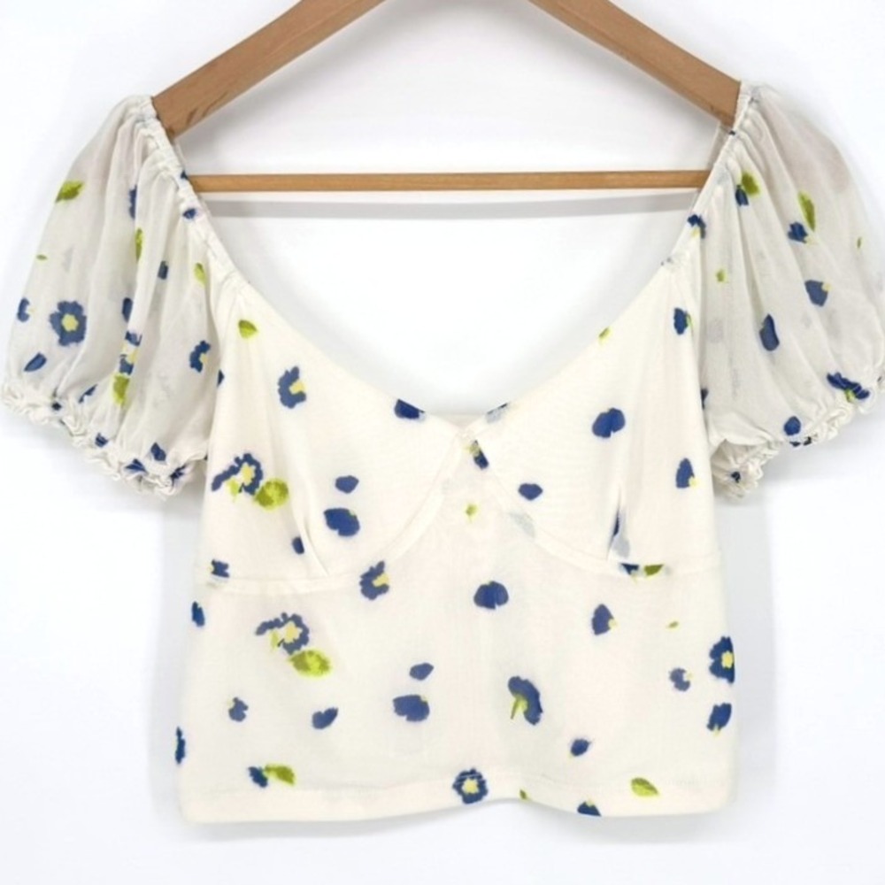 Abound Womens Floral Mesh Puff Sleeve Crop‎ Top White Blue Sweetheart Size M